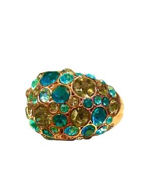 Fossil Rose Gold-Tone Bling Statement Ring with Green and Teal Crystals Size 7